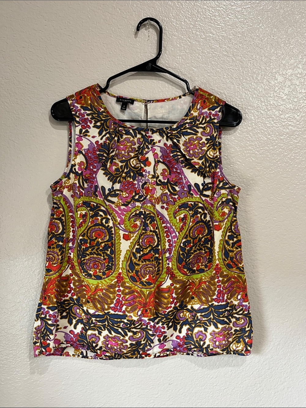 Talbots Paisley Print Sleeveless Shell in White, Pink, Gold & Green Sz 8 TC0740